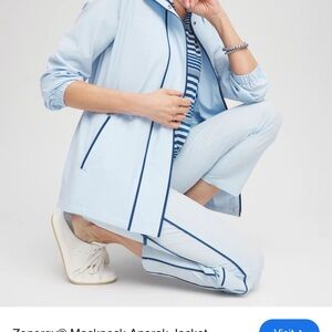 Chico's Sky Blue Zenergy coat with Navy Trim